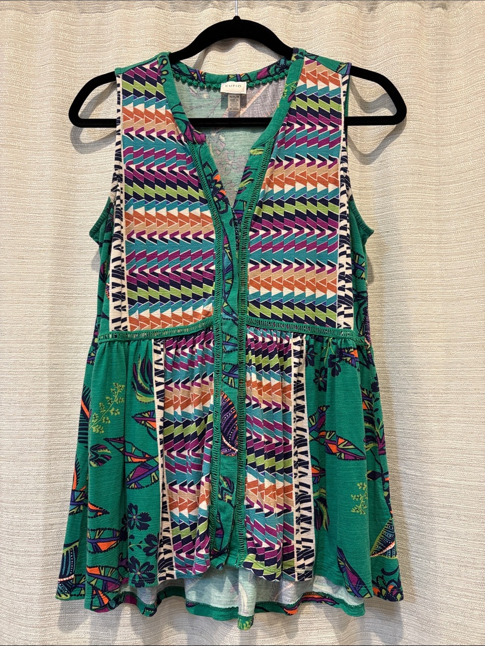 Medium Vintage Sleeveless Green Purple Multicolor Bohemian Floral Top by Cupio